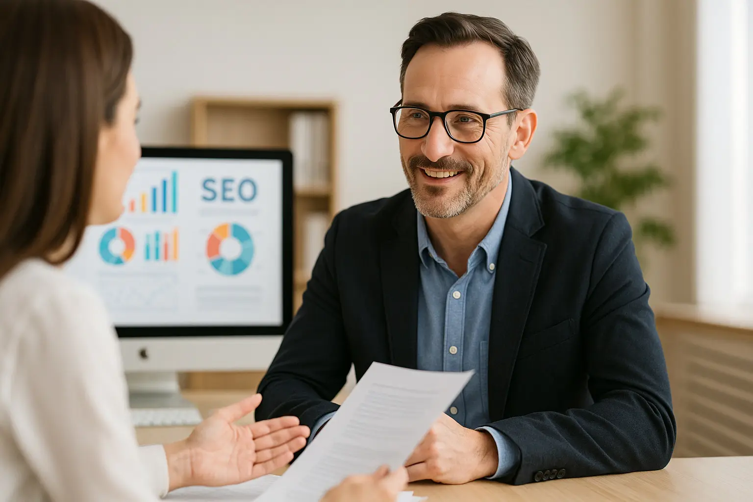 A_photograph_features_a_professional_meeting_betwe Smiling marketing consultant in business attire discussing SEO strategy with a client across the table, with SEO analytics displayed on a computer screen in the background.