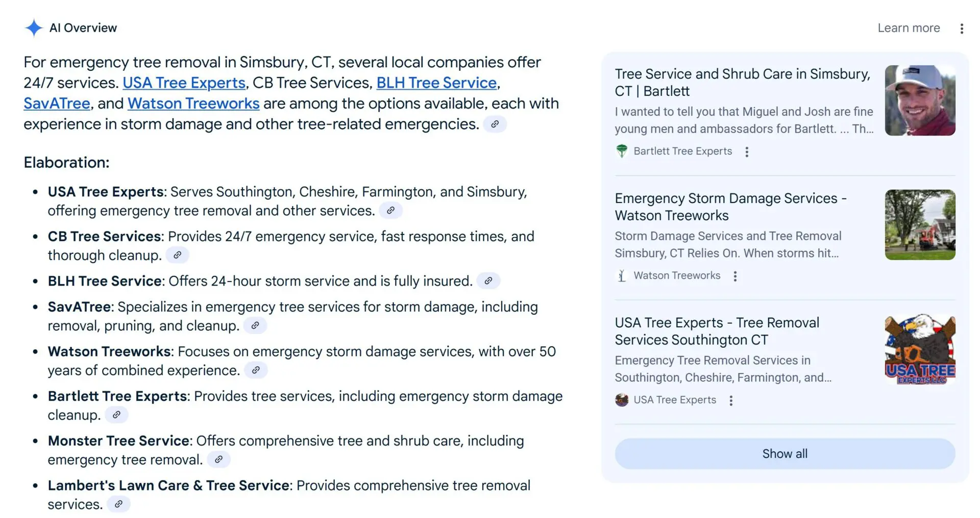 USA Tree AI Overview Screenshot of a Google AI Overview result for "emergency tree removal in Simsbury, CT." The summary lists multiple local companies, including USA Tree Experts, CB Tree Services, BLH Tree Service, SavATree, and Watson Treeworks. USA Tree Experts is highlighted for serving Southington, Cheshire, Farmington, and Simsbury. On the right side, visual search results show featured listings for Bartlett Tree Experts, Watson Treeworks, and USA Tree Experts, with images and brief service descriptions.