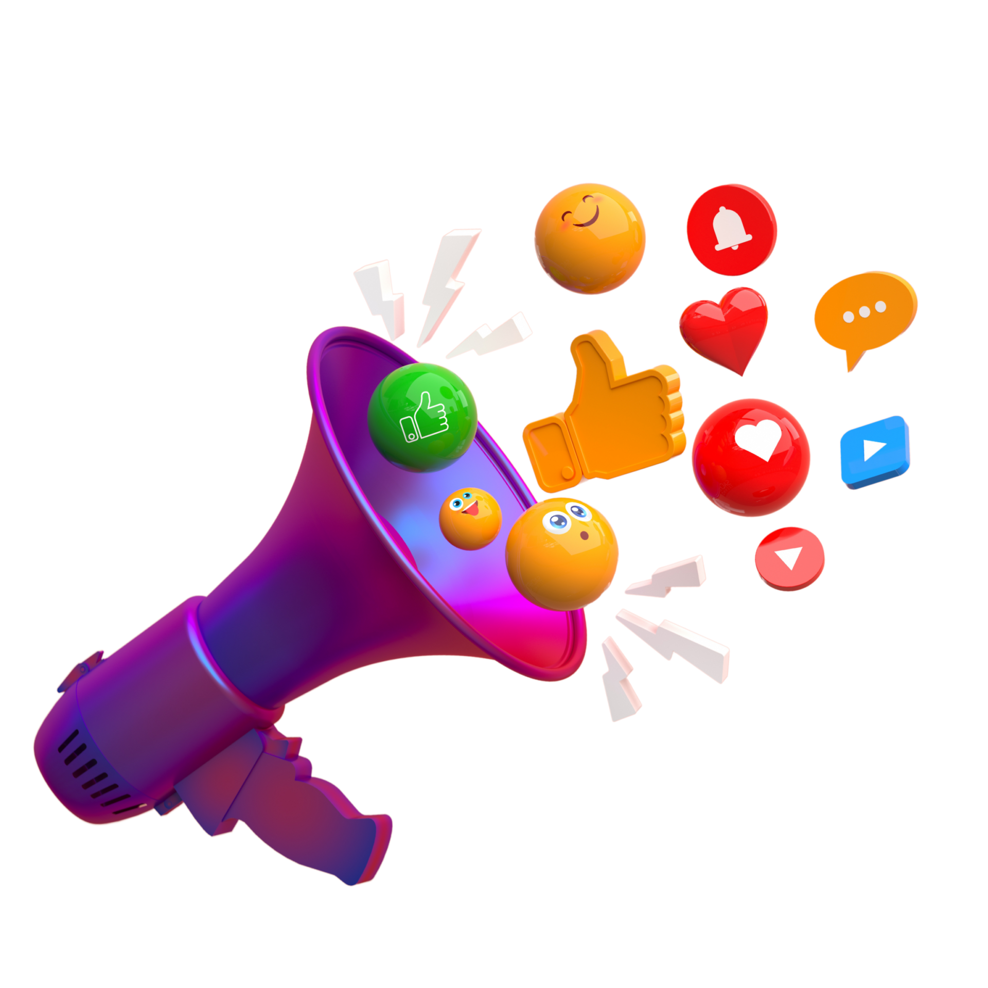Social Media Marketing and Engagement Illustration – connecticut 3D digital illustration of a colorful megaphone emitting social media engagement icons, including thumbs up, heart, chat bubble, notification bell, and emoji reactions, symbolizing digital marketing, audience interaction, and brand promotion.